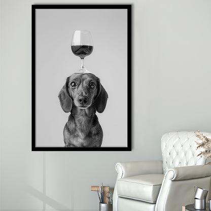 Dachshund Balancing Wine On Head Framed Art Print Wall Decor, Black and White, Wine Glass Art, Kitchen Wall Decor