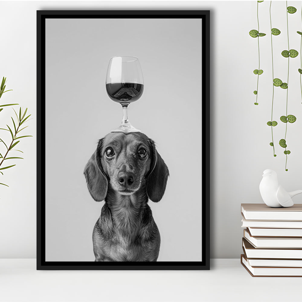 Dachshund Balancing Wine On Head Framed Canvas Print Wall Art, Black and White, Wine Glass Art, Kitchen Wall Decor