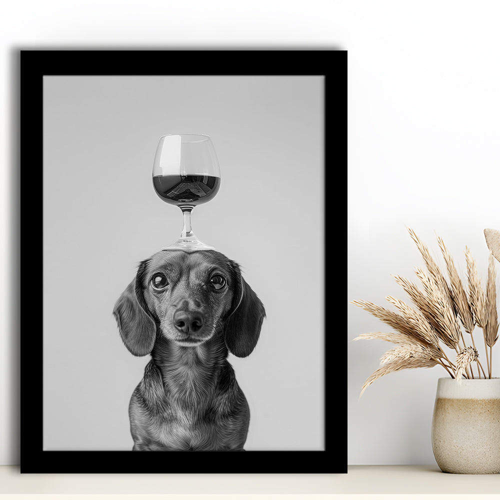 Dachshund Balancing Wine On Head Framed Art Print Wall Decor, Black and White, Wine Glass Art, Kitchen Wall Decor