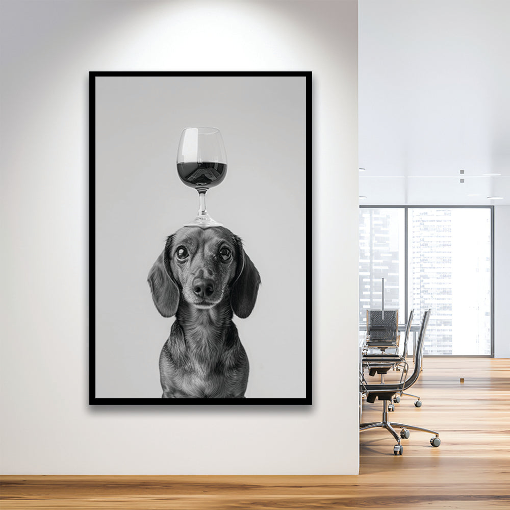 Dachshund Balancing Wine On Head Framed Art Print Wall Decor, Black and White, Wine Glass Art, Kitchen Wall Decor