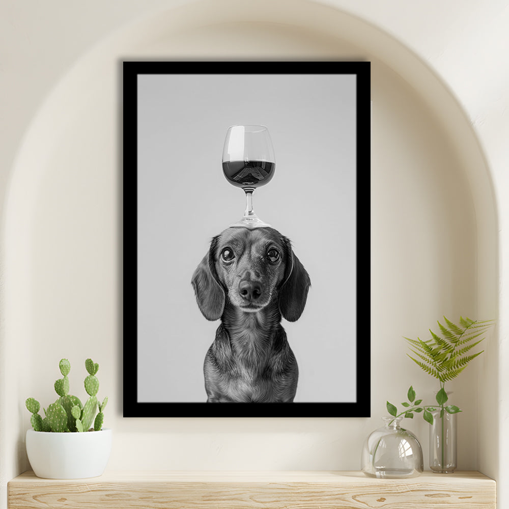 Dachshund Balancing Wine On Head Framed Art Print Wall Decor, Black and White, Wine Glass Art, Kitchen Wall Decor
