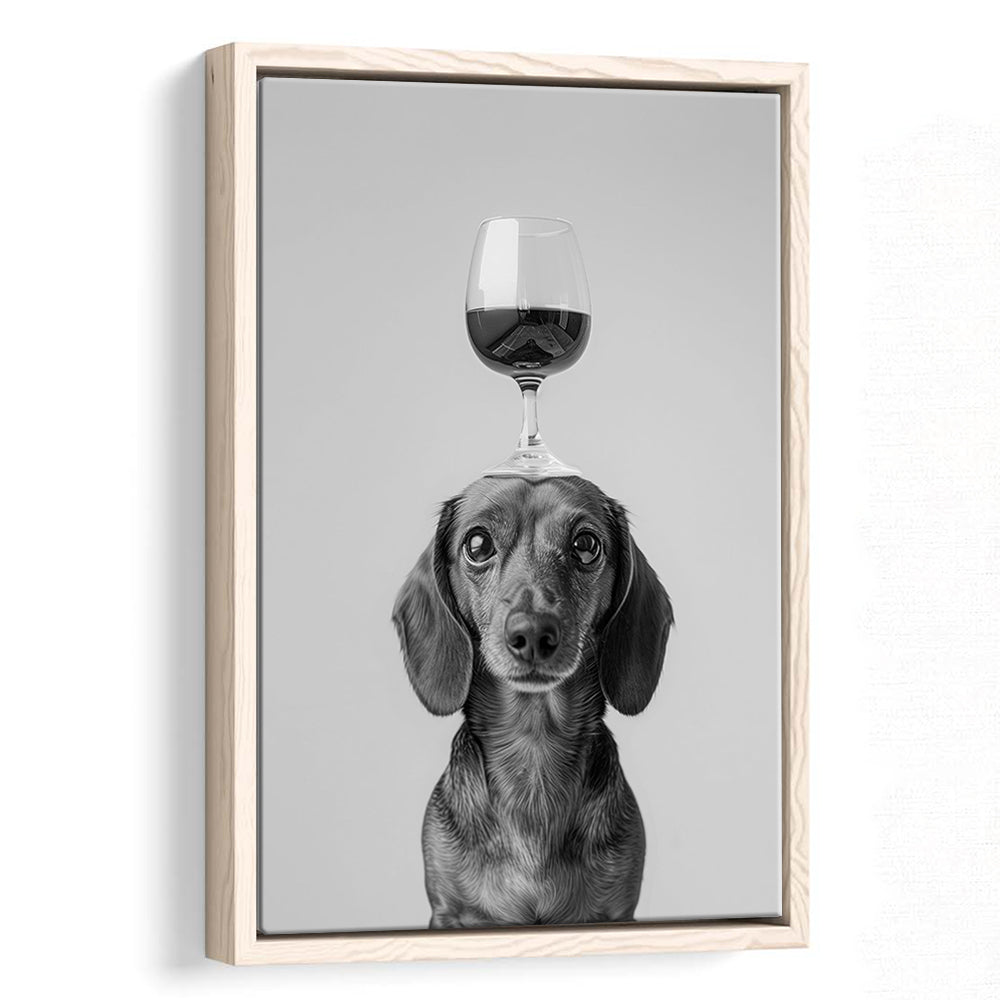 Dachshund Balancing Wine On Head Framed Canvas Print Wall Art, Black and White, Wine Glass Art, Kitchen Wall Decor