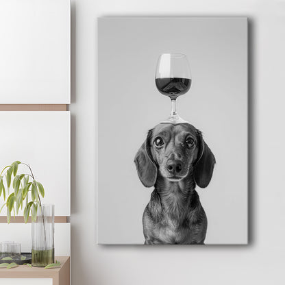 Dachshund Balancing Wine On Head Canvas Print Wall Art, Black and White, Wine Glass Art,, Kitchen Wall Decor