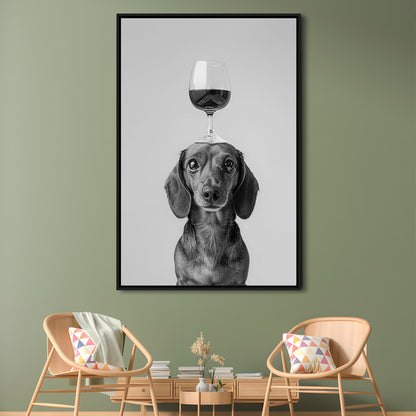 Dachshund Balancing Wine On Head Framed Canvas Print Wall Art, Black and White, Wine Glass Art, Kitchen Wall Decor