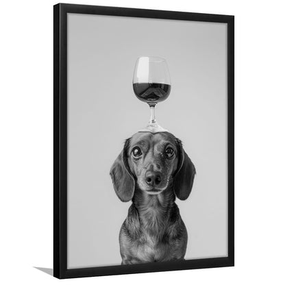 Dachshund Balancing Wine On Head Framed Art Print Wall Decor, Black and White, Wine Glass Art, Kitchen Wall Decor
