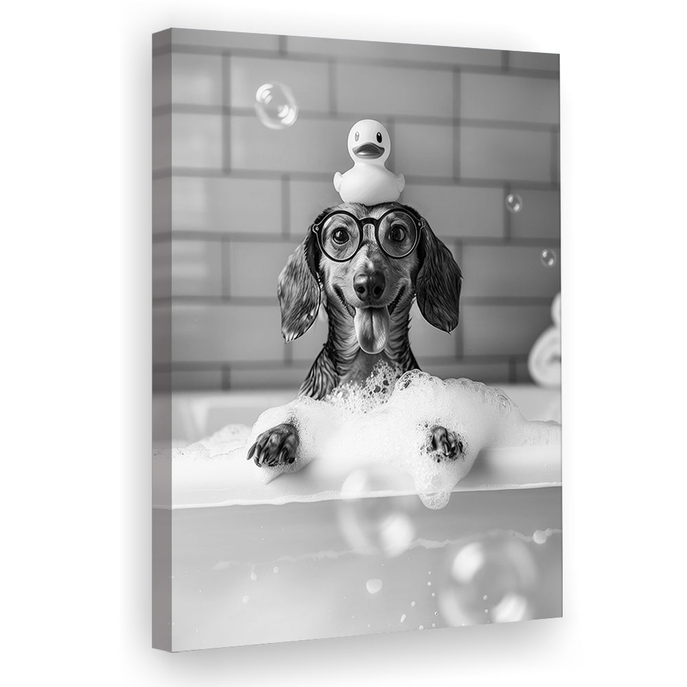 Dachshund Bath Canvas Print Wall Art, Dog and Rubber Duck Bath Tub, Pet Art, Black and White, Bathroom Wall Decor