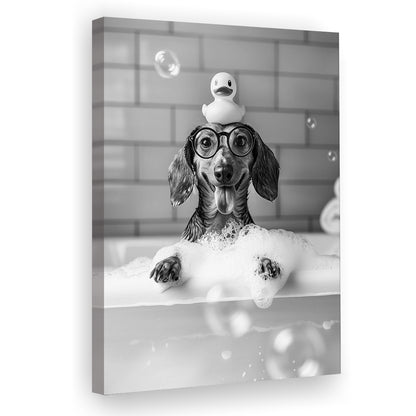 Dachshund Bath Canvas Print Wall Art, Dog and Rubber Duck Bath Tub, Pet Art, Black and White, Bathroom Wall Decor