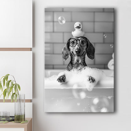 Dachshund Bath Canvas Print Wall Art, Dog and Rubber Duck Bath Tub, Pet Art, Black and White, Bathroom Wall Decor