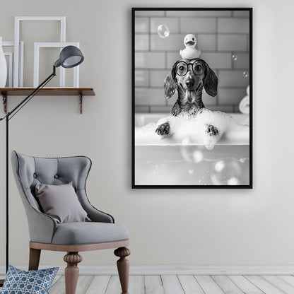 Dachshund Bath Framed Canvas Print Wall Art, Dog and Rubber Duck Bath Tub, Pet Art, Black and White, Bathroom Wall Decor