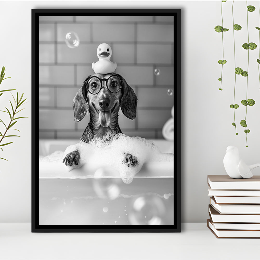 Dachshund Bath Framed Canvas Print Wall Art, Dog and Rubber Duck Bath Tub, Pet Art, Black and White, Bathroom Wall Decor