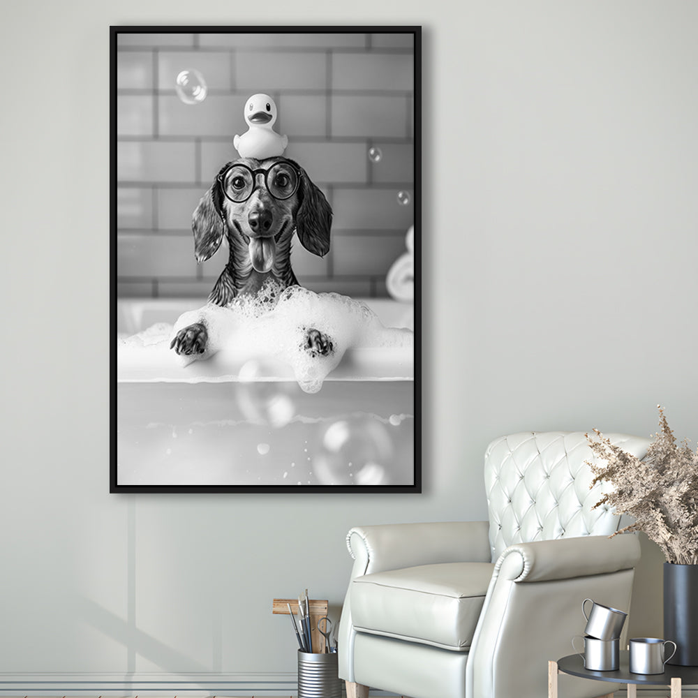 Dachshund Bath Framed Canvas Print Wall Art, Dog and Rubber Duck Bath Tub, Pet Art, Black and White, Bathroom Wall Decor