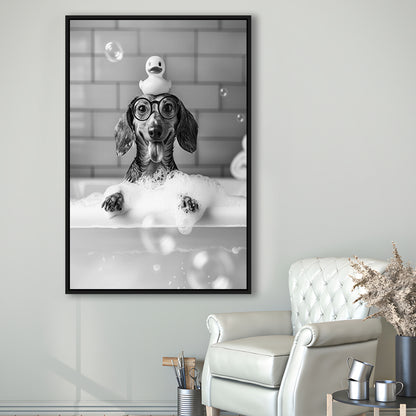 Dachshund Bath Framed Canvas Print Wall Art, Dog and Rubber Duck Bath Tub, Pet Art, Black and White, Bathroom Wall Decor