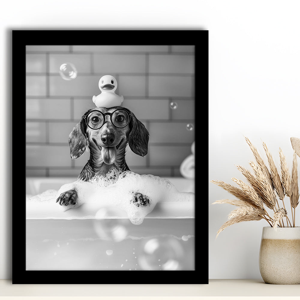 Dachshund Bath Framed Art Print Wall Decor, Dog and Rubber Duck Bath Tub, Pet Art, Black and White, Bathroom Wall Decor