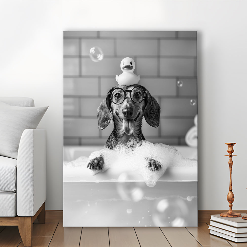 Dachshund Bath Canvas Print Wall Art, Dog and Rubber Duck Bath Tub, Pet Art, Black and White, Bathroom Wall Decor