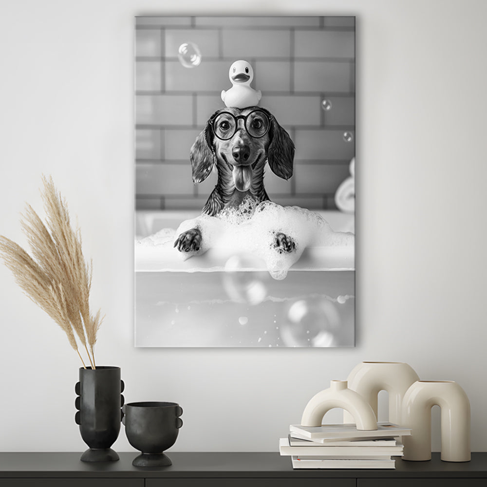 Dachshund Bath Canvas Print Wall Art, Dog and Rubber Duck Bath Tub, Pet Art, Black and White, Bathroom Wall Decor