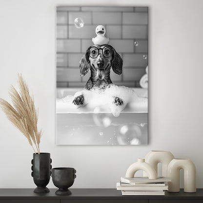 Dachshund Bath Canvas Print Wall Art, Dog and Rubber Duck Bath Tub, Pet Art, Black and White, Bathroom Wall Decor