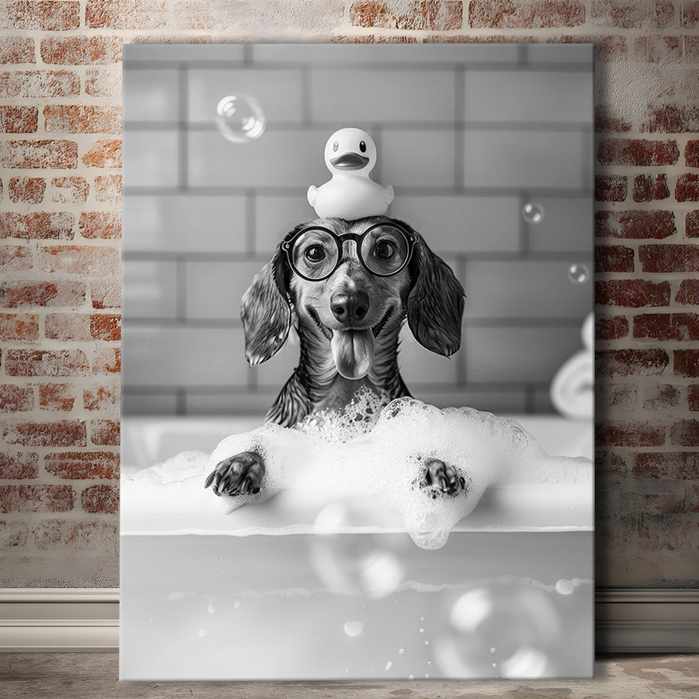 Dachshund Bath Canvas Print Wall Art, Dog and Rubber Duck Bath Tub, Pet Art, Black and White, Bathroom Wall Decor