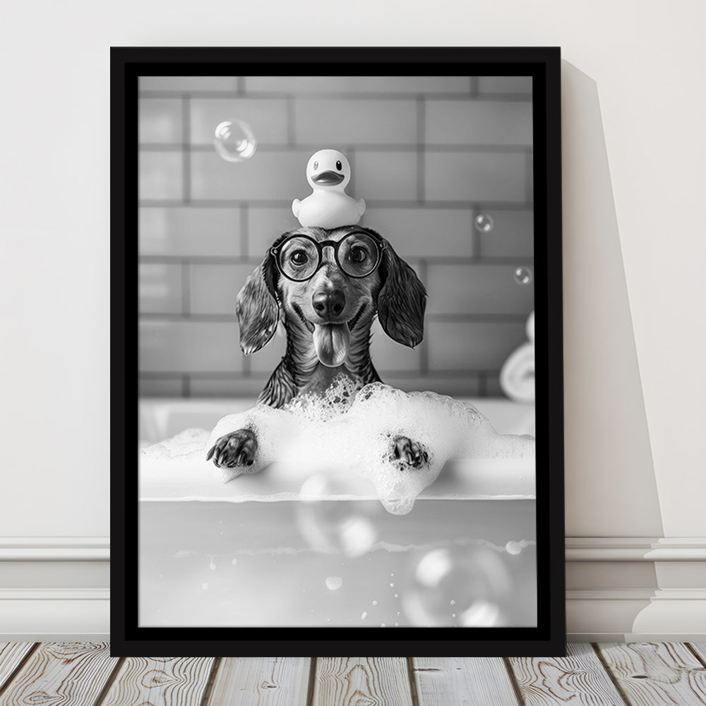 Dachshund Bath Framed Canvas Print Wall Art, Dog and Rubber Duck Bath Tub, Pet Art, Black and White, Bathroom Wall Decor