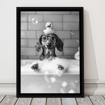 Dachshund Bath Framed Canvas Print Wall Art, Dog and Rubber Duck Bath Tub, Pet Art, Black and White, Bathroom Wall Decor
