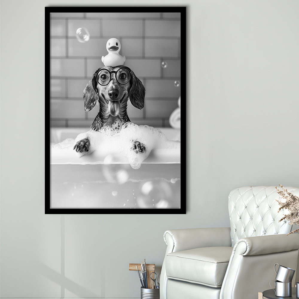 Dachshund Bath Framed Art Print Wall Decor, Dog and Rubber Duck Bath Tub, Pet Art, Black and White, Bathroom Wall Decor