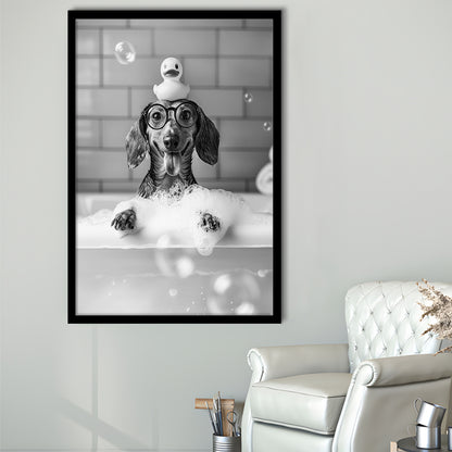 Dachshund Bath Framed Art Print Wall Decor, Dog and Rubber Duck Bath Tub, Pet Art, Black and White, Bathroom Wall Decor