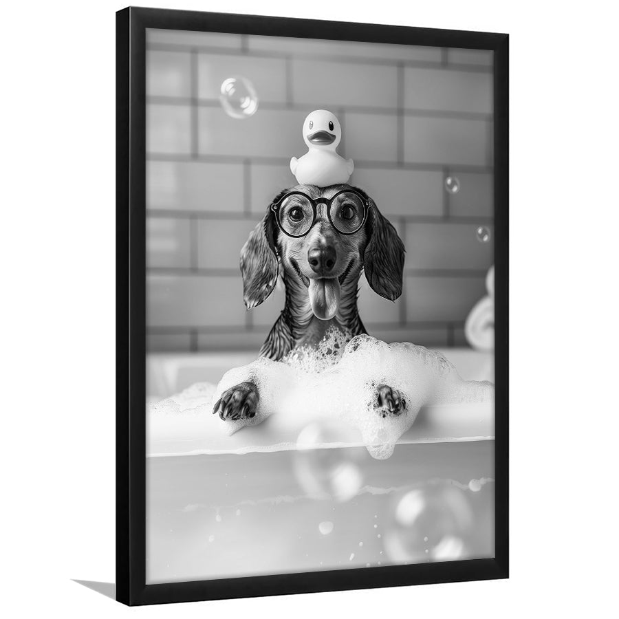 Dachshund Bath Framed Art Print Wall Decor, Dog and Rubber Duck Bath Tub, Pet Art, Black and White, Bathroom Wall Decor