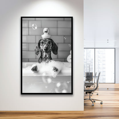 Dachshund Bath Framed Art Print Wall Decor, Dog and Rubber Duck Bath Tub, Pet Art, Black and White, Bathroom Wall Decor