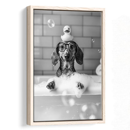 Dachshund Bath Framed Canvas Print Wall Art, Dog and Rubber Duck Bath Tub, Pet Art, Black and White, Bathroom Wall Decor