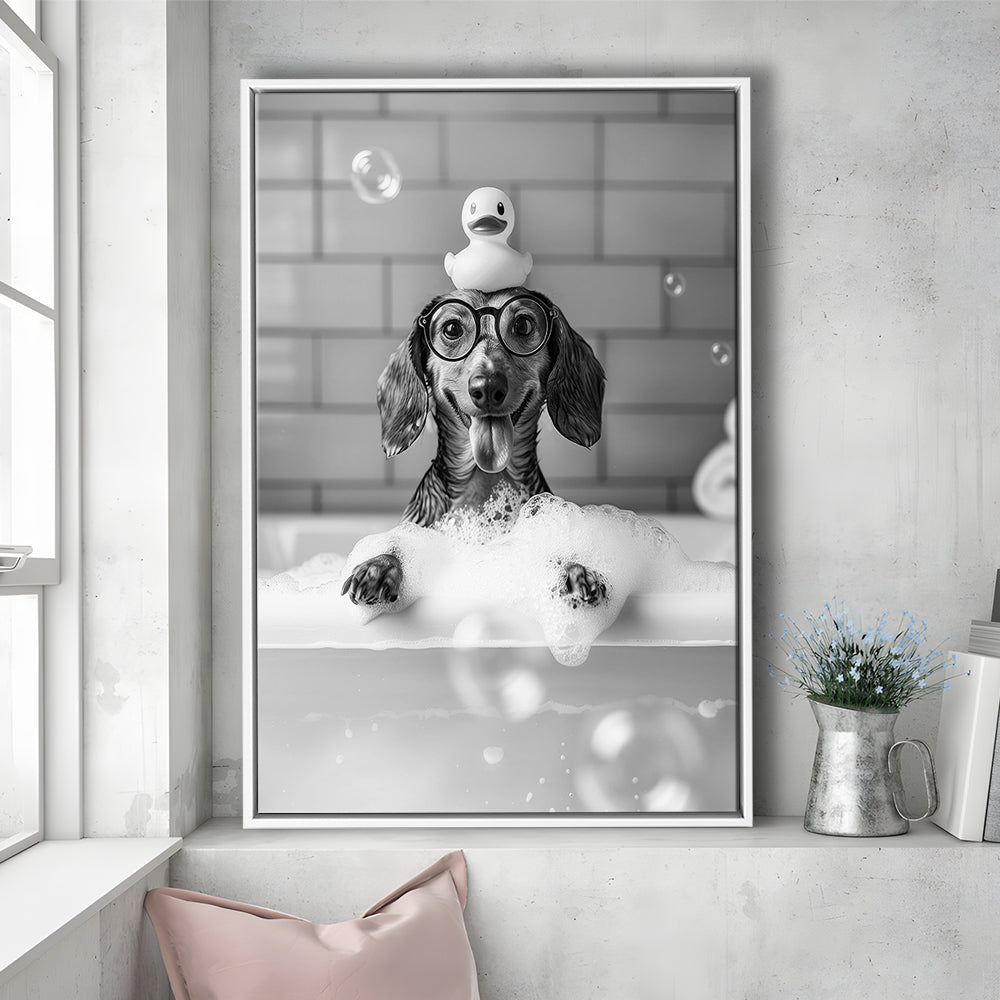 Dachshund Bath Framed Canvas Print Wall Art, Dog and Rubber Duck Bath Tub, Pet Art, Black and White, Bathroom Wall Decor