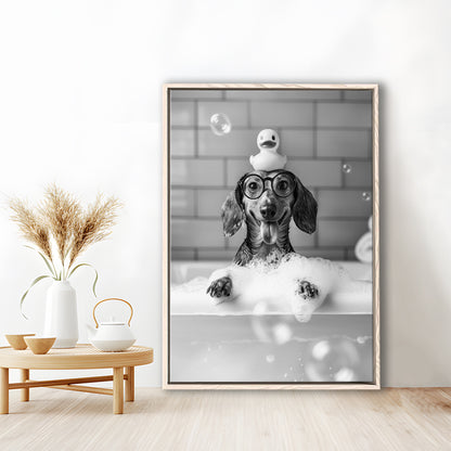 Dachshund Bath Framed Canvas Print Wall Art, Dog and Rubber Duck Bath Tub, Pet Art, Black and White, Bathroom Wall Decor