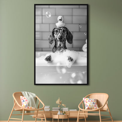 Dachshund Bath Framed Canvas Print Wall Art, Dog and Rubber Duck Bath Tub, Pet Art, Black and White, Bathroom Wall Decor