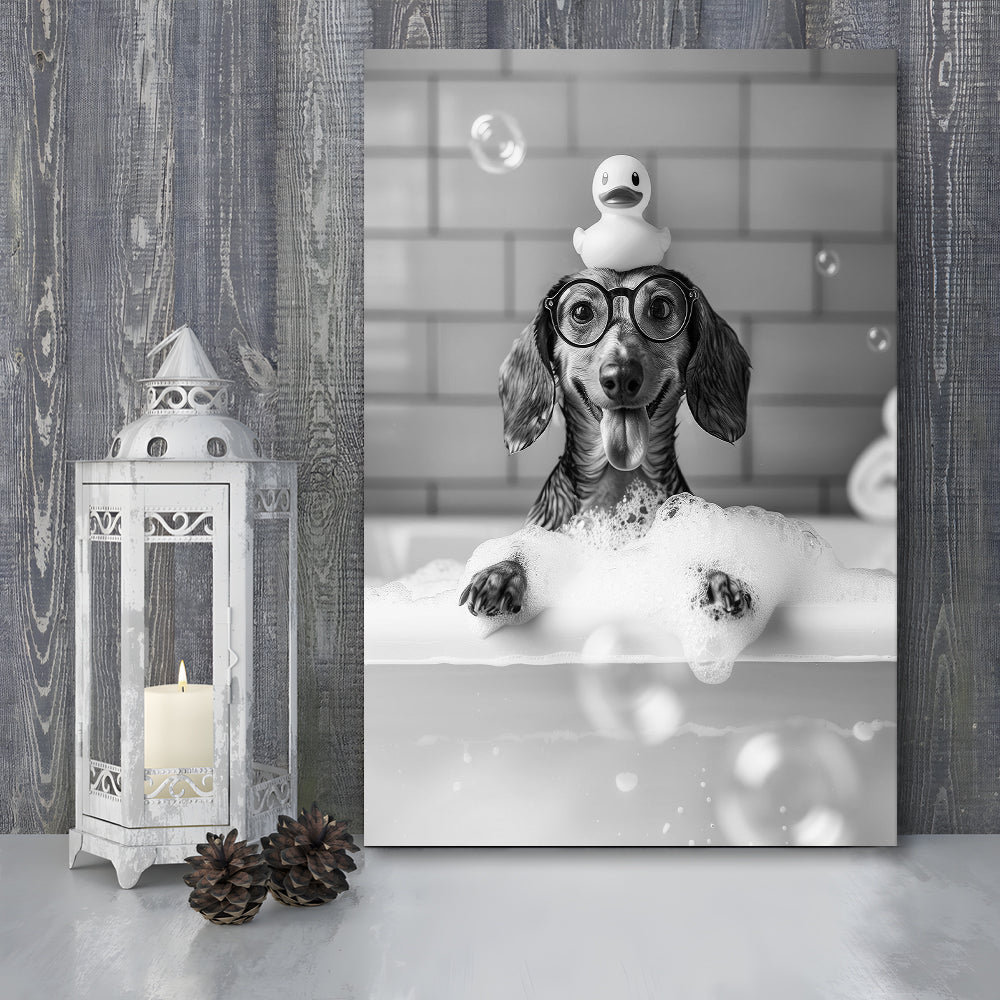 Dachshund Bath Canvas Print Wall Art, Dog and Rubber Duck Bath Tub, Pet Art, Black and White, Bathroom Wall Decor