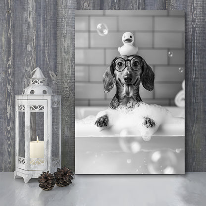 Dachshund Bath Canvas Print Wall Art, Dog and Rubber Duck Bath Tub, Pet Art, Black and White, Bathroom Wall Decor