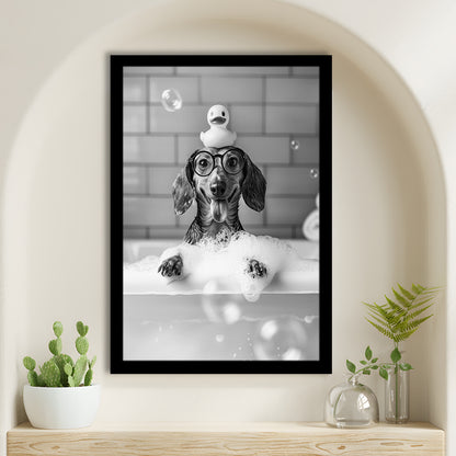 Dachshund Bath Framed Art Print Wall Decor, Dog and Rubber Duck Bath Tub, Pet Art, Black and White, Bathroom Wall Decor