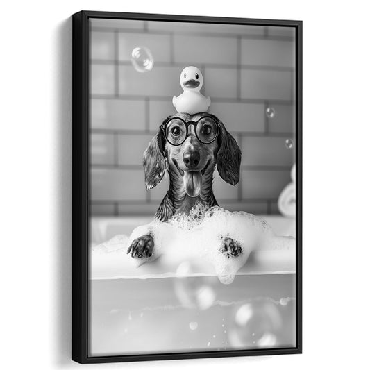 Dachshund Bath Framed Canvas Print Wall Art, Dog and Rubber Duck Bath Tub, Pet Art, Black and White, Bathroom Wall Decor
