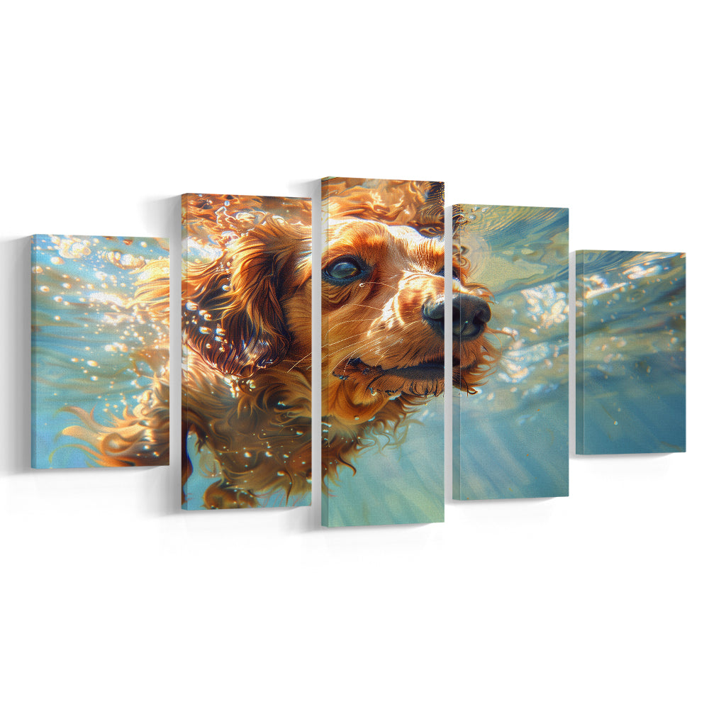 Dachshund Dog Swimming Underwater Watercolor, Funny Pet Art, Mixed Panels Canvas Print Wall Art