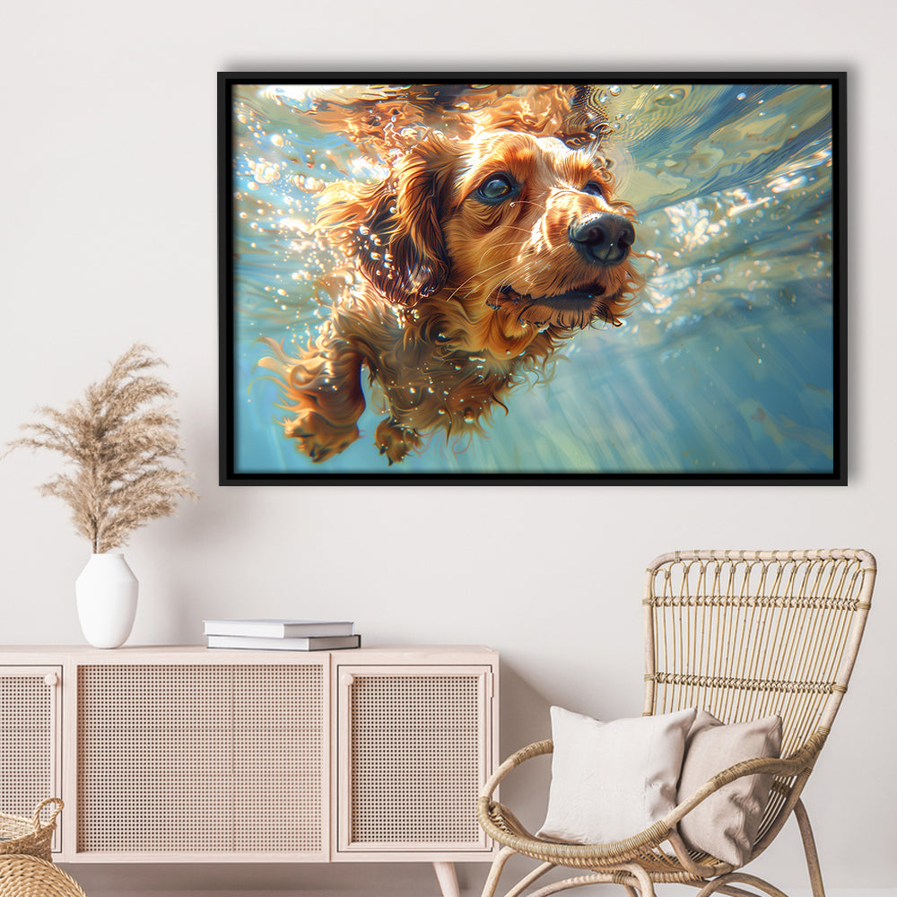 Dachshund Dog Swimming Underwater Watercolor, Funny Pet Art, Floating Framed Canvas Print Wall Art
