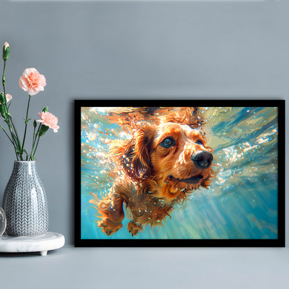 Dachshund Dog Swimming Underwater Watercolor, Funny Pet Art, Framed Art Print Wall Decor, Framed Picture