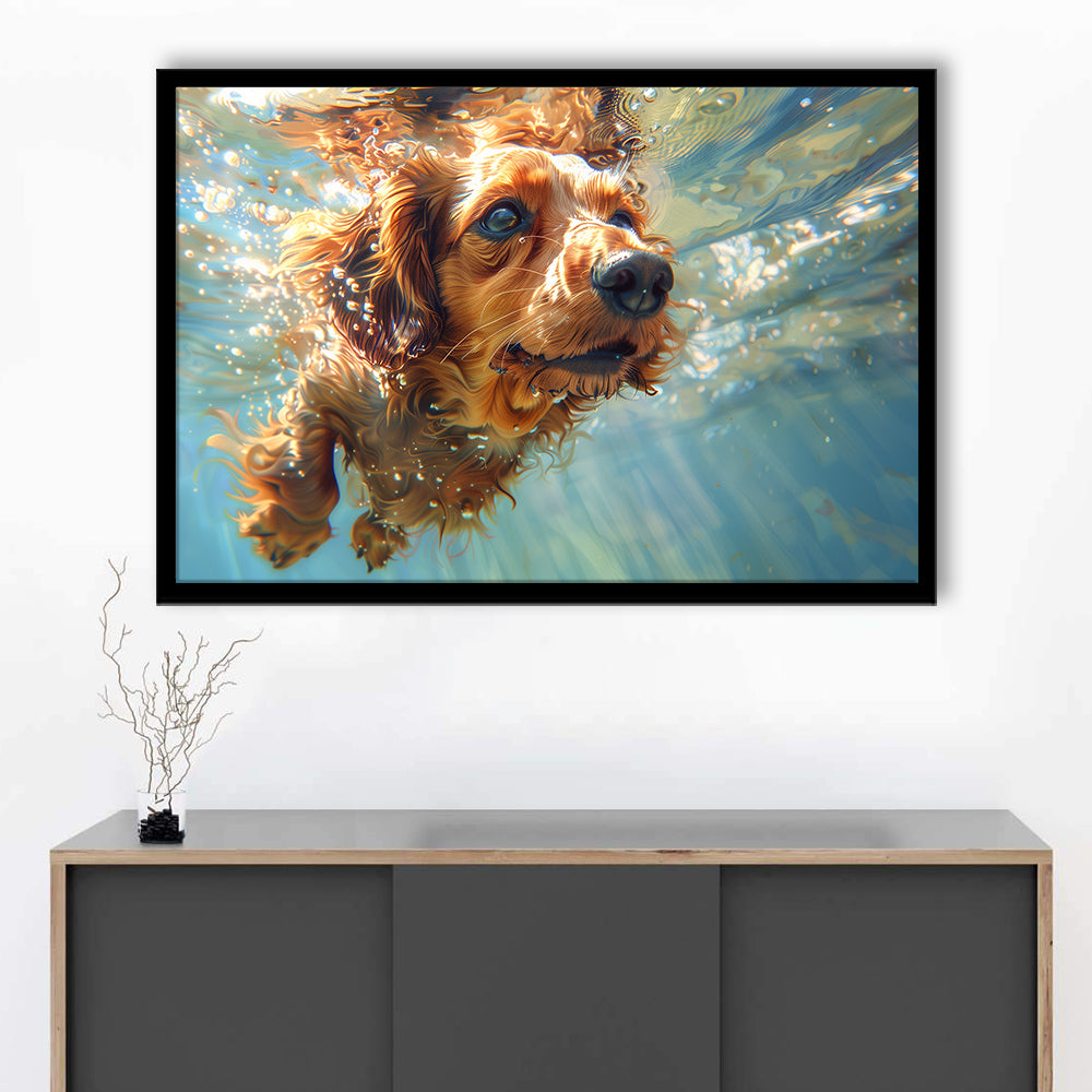 Dachshund Dog Swimming Underwater Watercolor, Funny Pet Art, Framed Art Print Wall Decor, Framed Picture