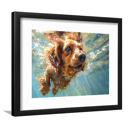 Dachshund Dog Swimming Underwater Watercolor, Funny Pet Art, Framed Art Print White Border Wall Decor