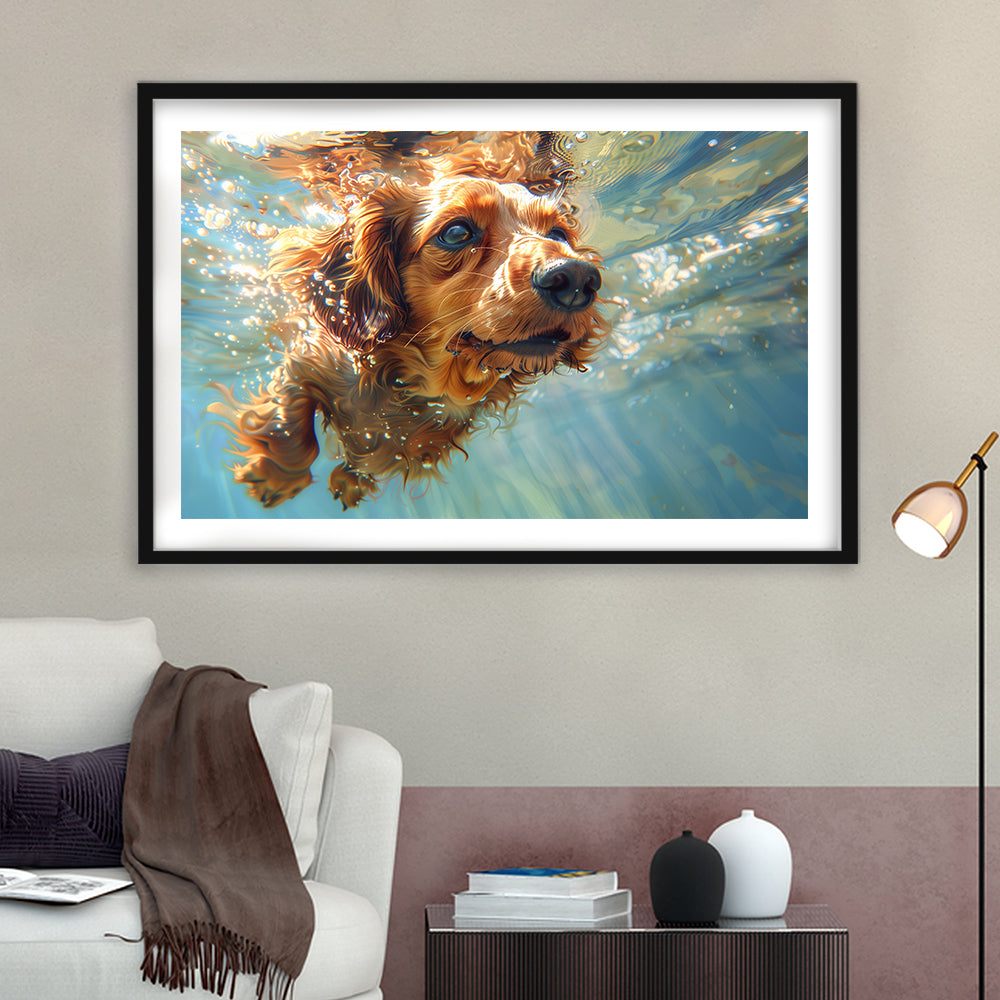 Dachshund Dog Swimming Underwater Watercolor, Funny Pet Art, Framed Art Print White Border Wall Decor
