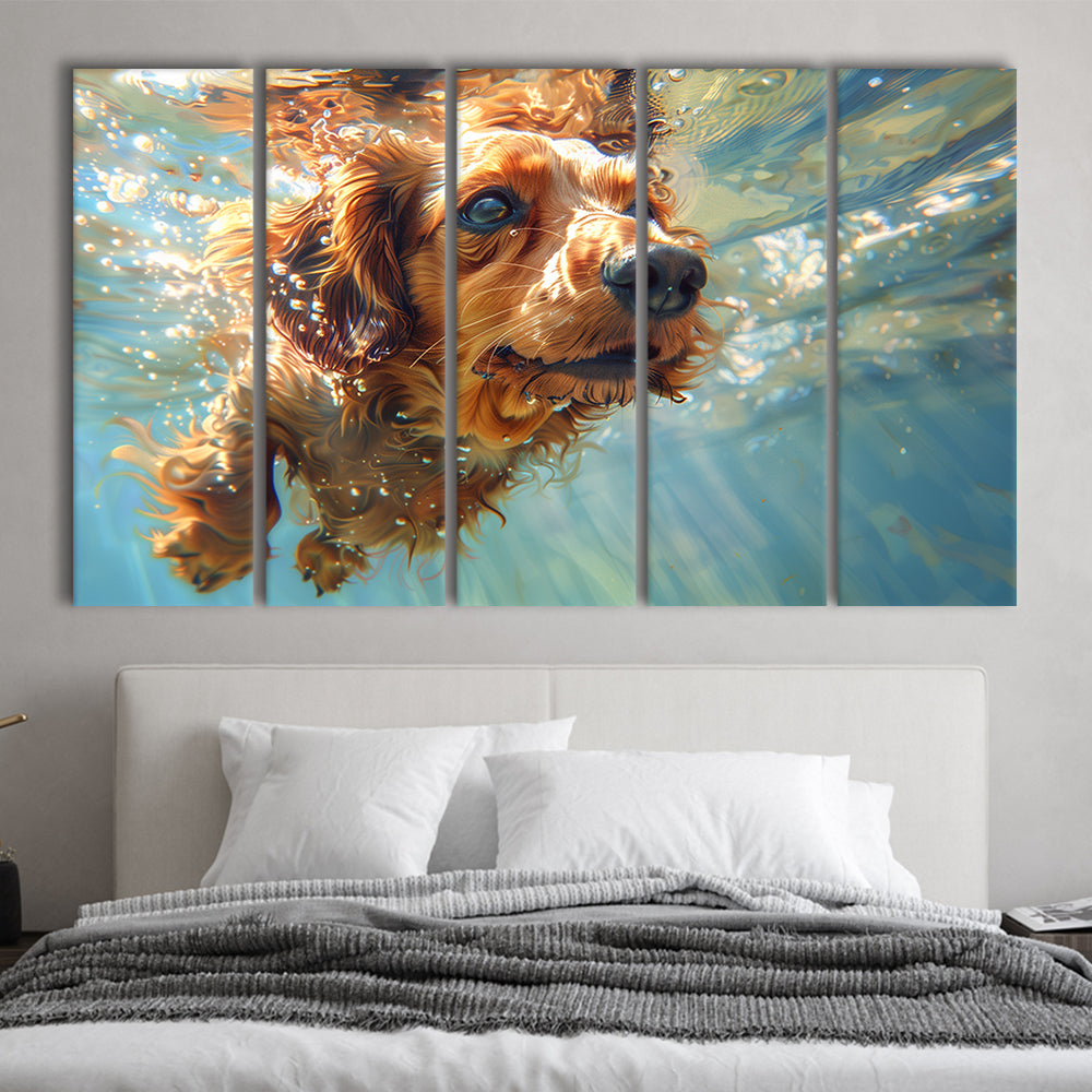 Dachshund Dog Swimming Underwater Watercolor, Funny Pet Art, Multi Panels Canvas Print Wall Art