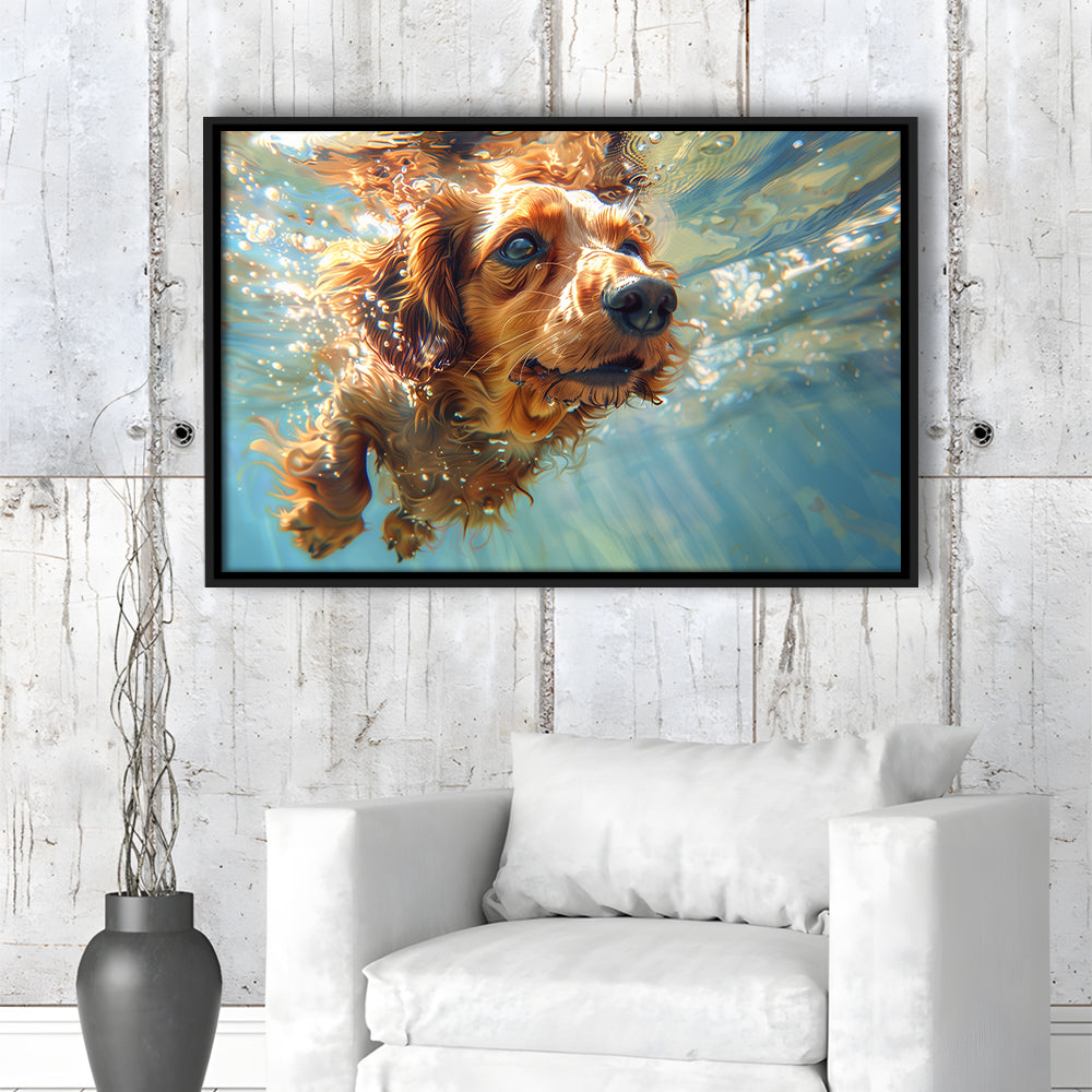 Dachshund Dog Swimming Underwater Watercolor, Funny Pet Art, Floating Framed Canvas Print Wall Art