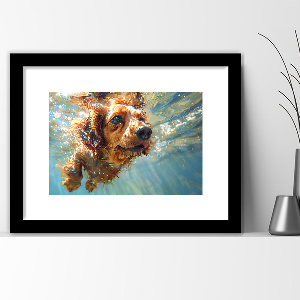Dachshund Dog Swimming Underwater Watercolor, Funny Pet Art, Framed Art Print White Border Wall Decor