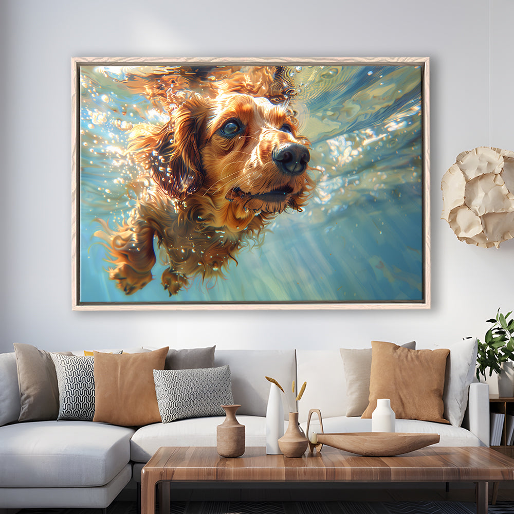 Dachshund Dog Swimming Underwater Watercolor, Funny Pet Art, Floating Framed Canvas Print Wall Art