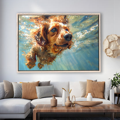 Dachshund Dog Swimming Underwater Watercolor, Funny Pet Art, Floating Framed Canvas Print Wall Art