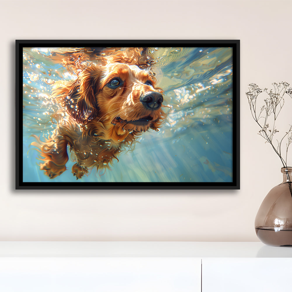 Dachshund Dog Swimming Underwater Watercolor, Funny Pet Art, Floating Framed Canvas Print Wall Art