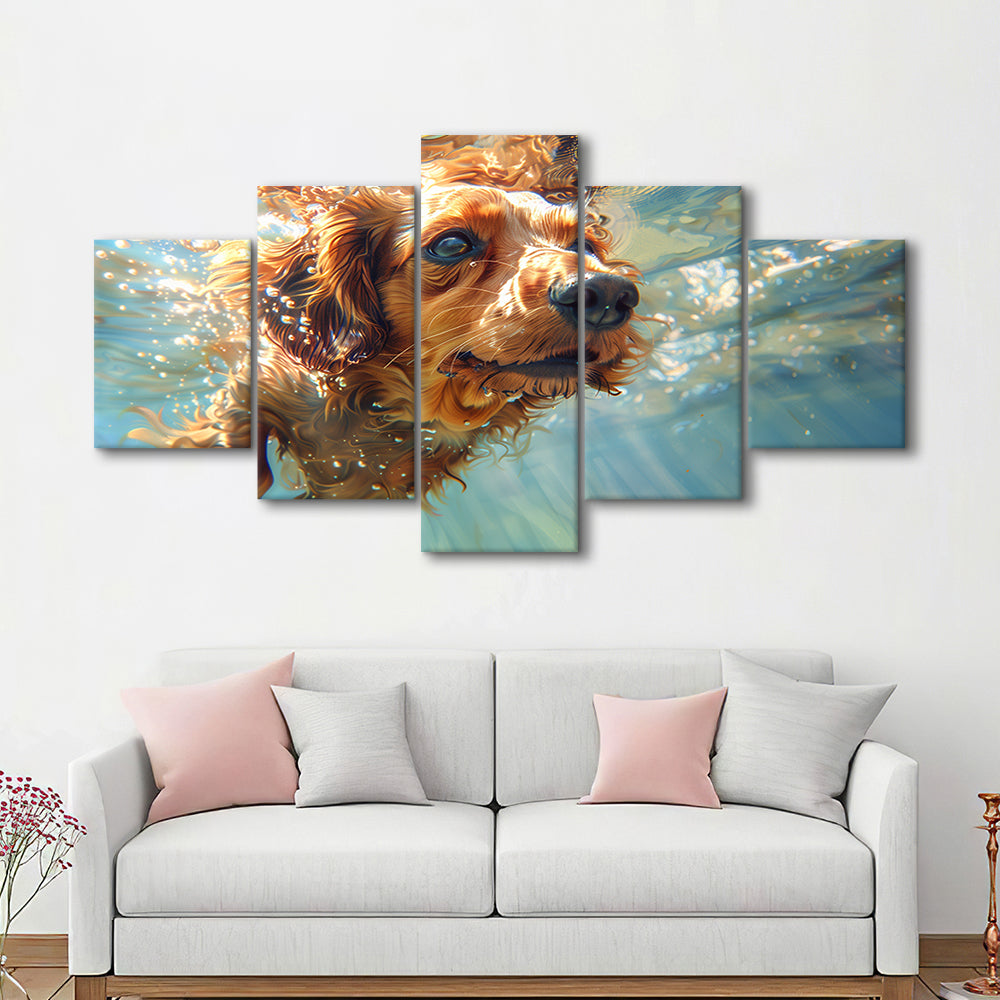 Dachshund Dog Swimming Underwater Watercolor, Funny Pet Art, Mixed Panels Canvas Print Wall Art