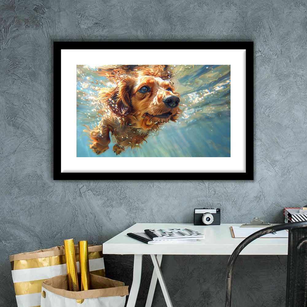 Dachshund Dog Swimming Underwater Watercolor, Funny Pet Art, Framed Art Print White Border Wall Decor