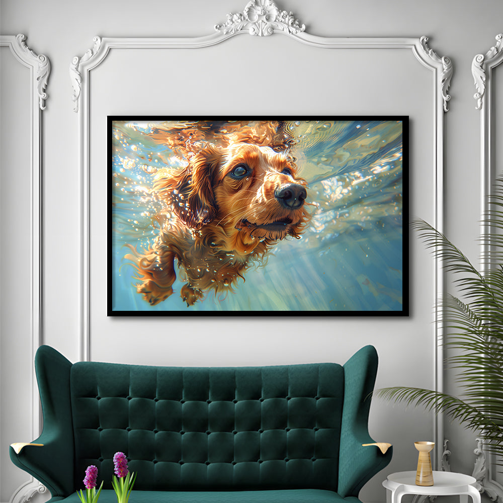 Dachshund Dog Swimming Underwater Watercolor, Funny Pet Art, Framed Art Print Wall Decor, Framed Picture